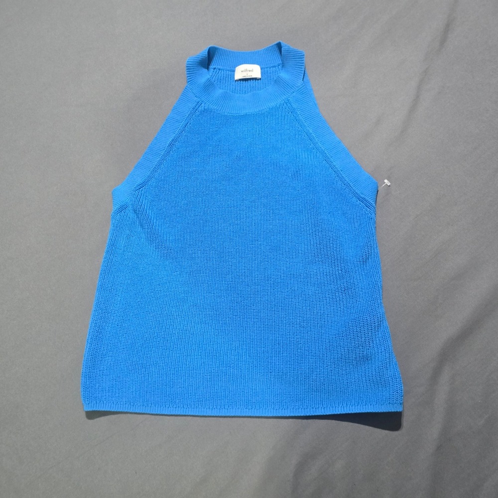 Aritzia Wilfred Halter Tank Top Women small Blue Ribbed Knit High Neck Racerback